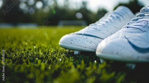 Close-up of soccer cleats on the grassy field photo