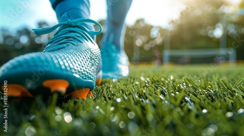 Close-up of soccer cleats on the grassy field photo