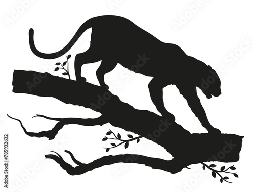 Vector silhouette of a leopard climbing on a tree branch. 