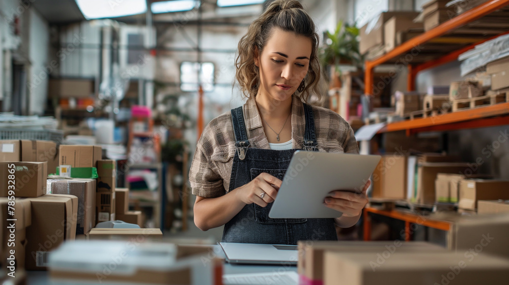 The entrepreneur, a young woman with a determined expression, sits at her desk surrounded by stacks of cardboard boxes filled with products ready for shipping. The entrepreneur, a young woman with a determined expression, sits at her desk surrounded by stacks of cardboard boxes filled with products ready for shipping.