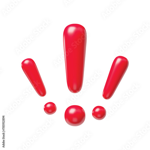 Group of red exclamation signs realistic 3d symbols. Glossy exclamation marks, warning, attention, secure signals, caution or error mark three-dimensional rendering vector illustration