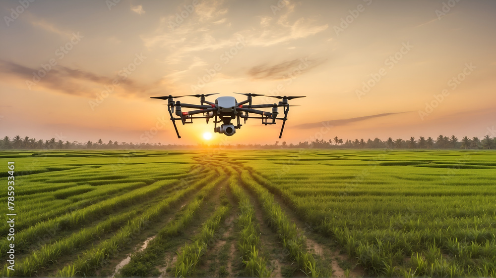 Drone flying over paddy field at sunset 