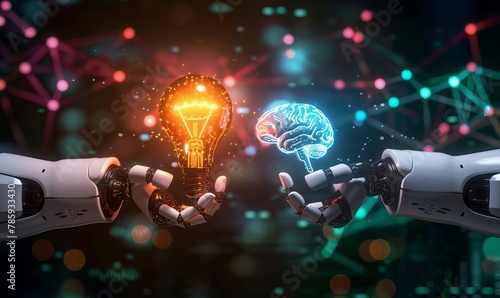 Representing AI, technology, and machine learning, this image features the hands of a robot touching a light bulb and a brain icon, symbolizing innovation, creativity, and inspiration
