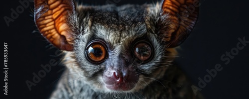 portrait of a bushbaby with disproportionately large eyes in a shadowy photo