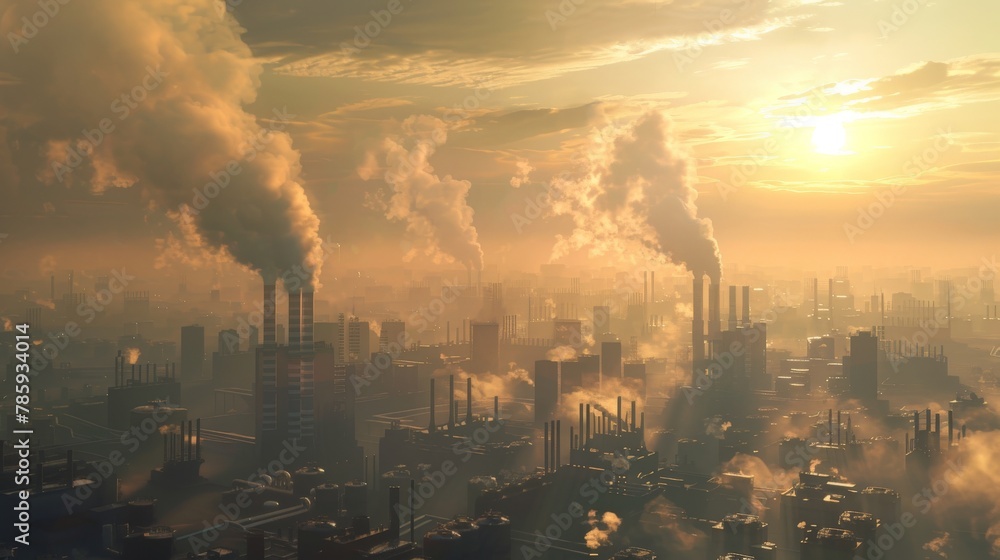 A bustling city skyline with towering factories, their smokestacks casting long shadows, representing the urban sprawl contributing to global warming pollution. A bustling city skyline with towering factories, their smokestacks casting long shadows, representing the urban sprawl contributing to global warming pollution.
