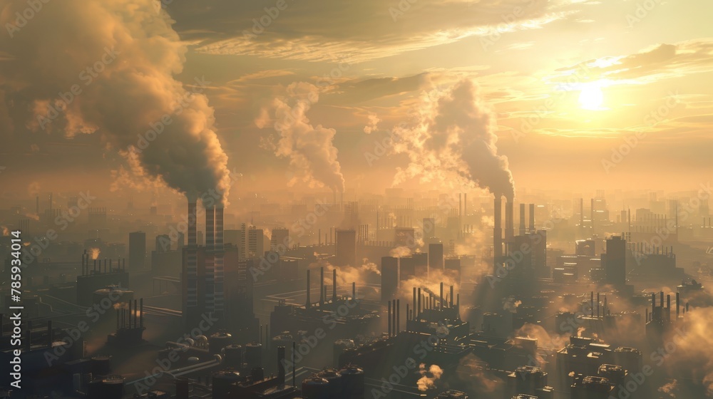 A bustling city skyline with towering factories, their smokestacks casting long shadows, representing the urban sprawl contributing to global warming pollution.