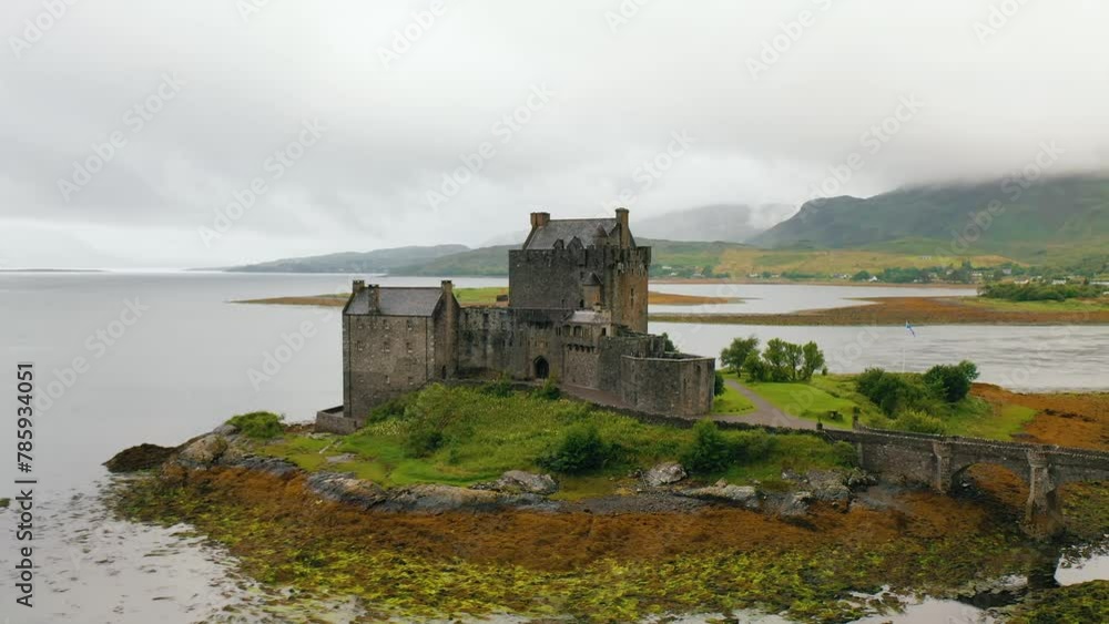 Aerial View of Scottish Castle Eilean Donan on Loch Duich in the Scottish Highlands, Scotland, United Kingdom Aerial View of Scottish Castle Eilean Donan on Loch Duich in the Scottish Highlands, Scotland, United Kingdom