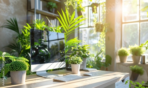 A desk setup featuring a computer nestled amidst numerous indoor plants, harmonizing the essence of technology with the serenity of the natural world. 