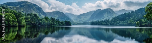 Serene landscape of a majestic mountain range by a tranquil blue lake with forested shores bathed in sunlight photo