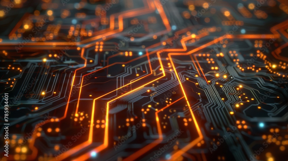 A branching electrical circuit board with glowing pathways, representing the complex connections of technology. A branching electrical circuit board with glowing pathways, representing the complex connections of technology.