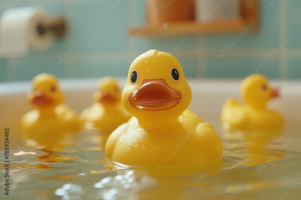 yellow rubber duck in a blue bathroom in a white bathtub with beautiful soap foam, as the personification of cleanliness and freshness yellow rubber duck in a blue bathroom in a white bathtub with beautiful soap foam, as the personification of cleanliness and freshness