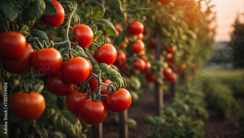 Ripe tomatoes hanging on the vine and placed on the ground in a sunny gardening environment. Showing freshness and bright red color amidst the green leaves.