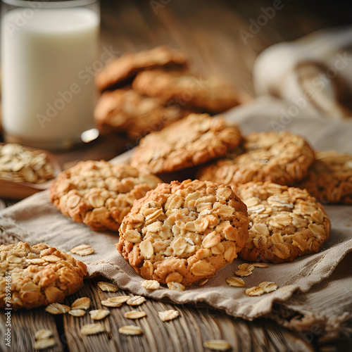 Cozy Ambiance with Rustic Oatmeal Cookies and Glass of Milk on a Wooden Table