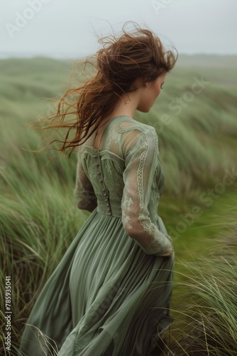 A girl stands in a grassy meadow, her green dress blending with the landscape, symbolizing relaxation and oneness with nature