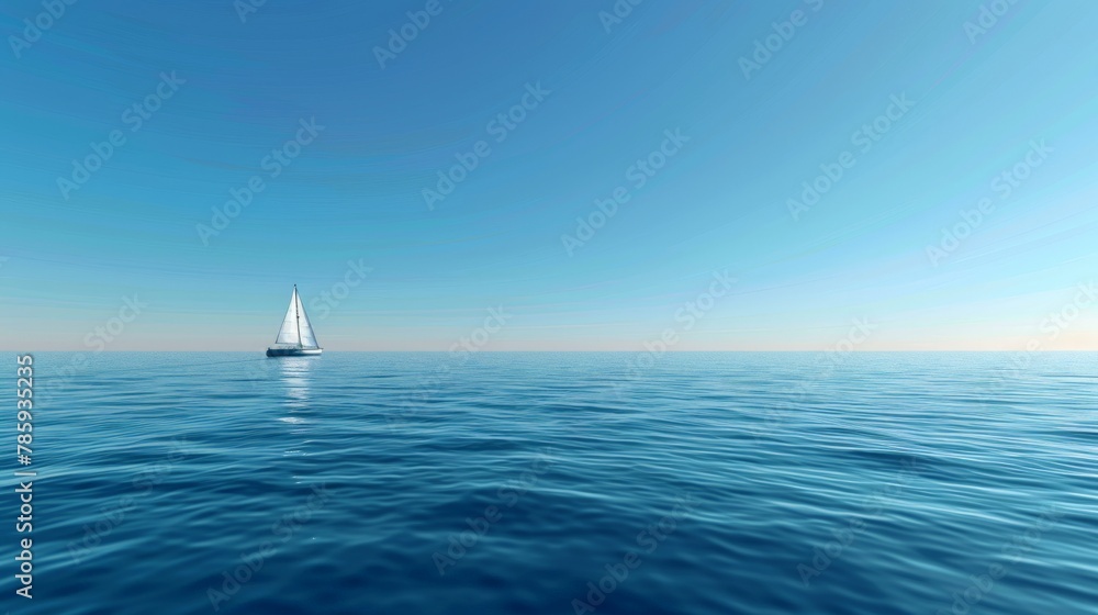 Obraz premium A calm ocean reflecting a perfectly clear blue sky. No horizon line, just a seamless blend of water and air with a single sailboat in the distance.