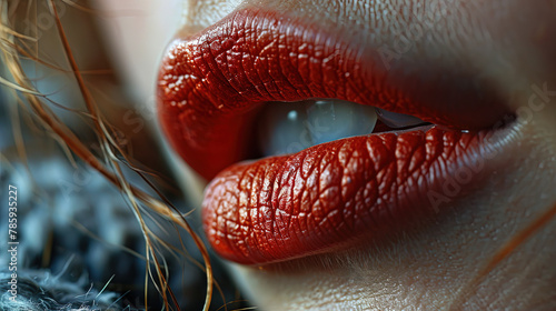 Pretty Women Dark Red Lips With Red Lipstick Macro View photo