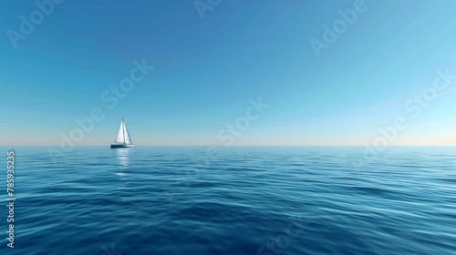 A calm ocean reflecting a perfectly clear blue sky. No horizon line, just a seamless blend of water and air with a single sailboat in the distance.