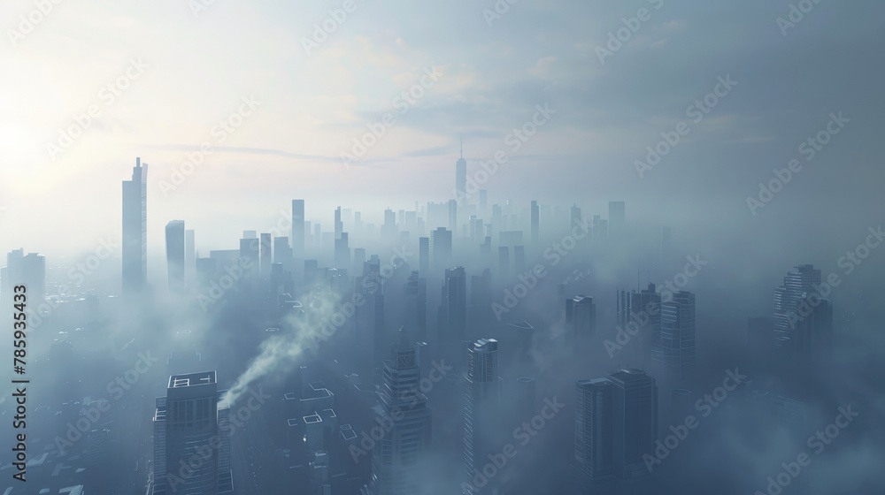 A city skyline shrouded in thick smog, emphasizing the issue of air pollution and its link to global warming.
