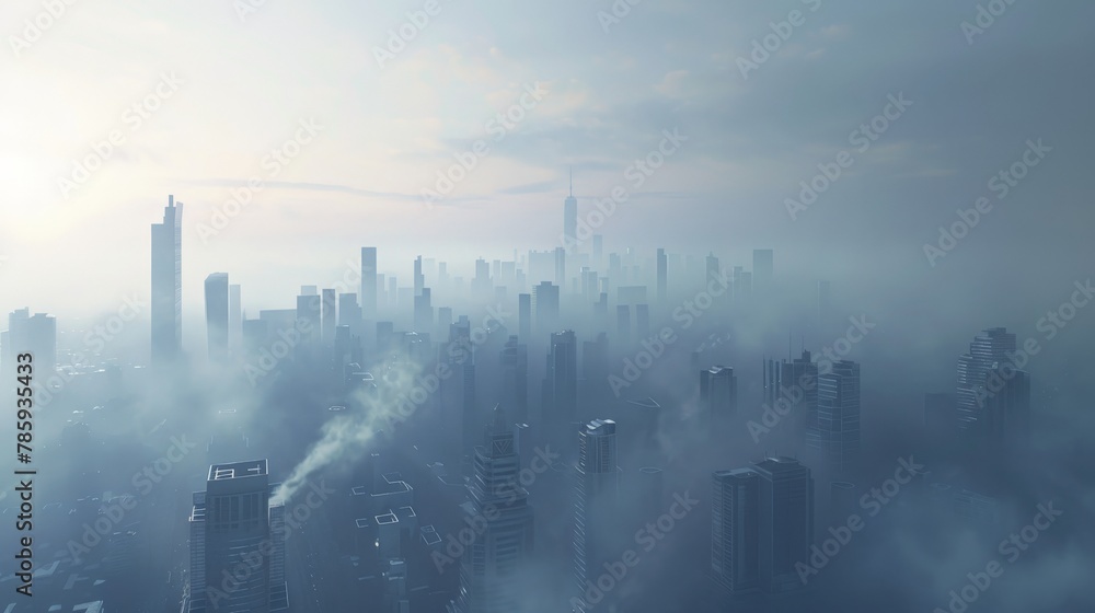 A city skyline shrouded in thick smog, emphasizing the issue of air pollution and its link to global warming. A city skyline shrouded in thick smog, emphasizing the issue of air pollution and its link to global warming.