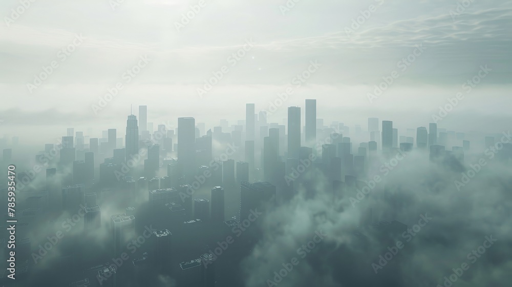A city skyline shrouded in thick smog, emphasizing the issue of air pollution and its link to global warming. A city skyline shrouded in thick smog, emphasizing the issue of air pollution and its link to global warming.