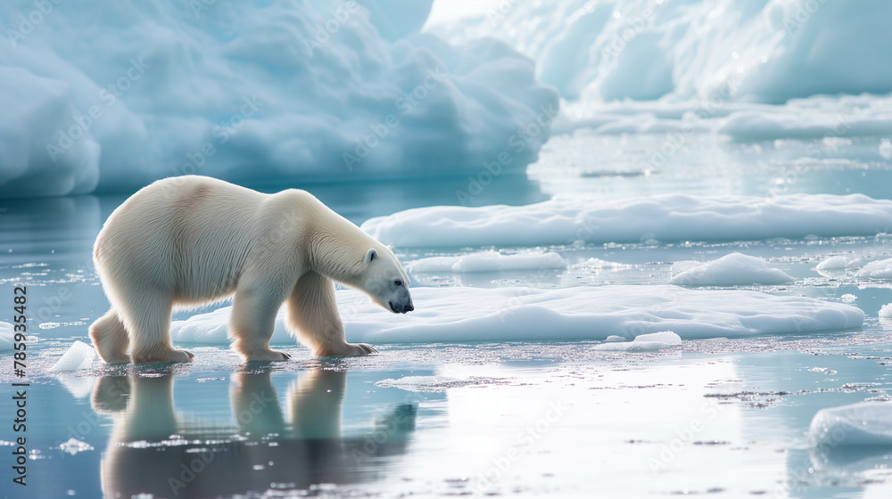 A solitary white polar bear stalks its prey across the vast Arctic ice floes. A solitary white polar bear stalks its prey across the vast Arctic ice floes.