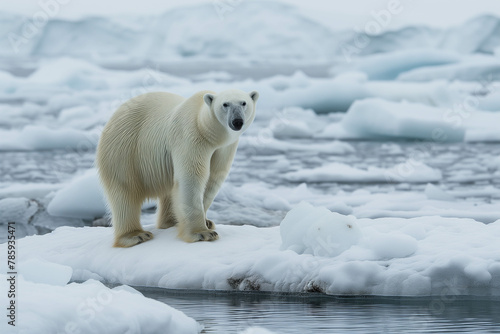 A solitary white polar bear stalks its prey across the vast Arctic ice floes.
