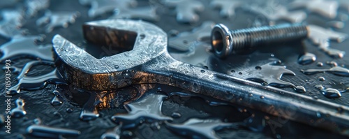 rusty wrench and bolt, showcasing textures and reflections on a wet, dark surface photo