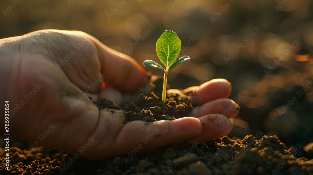 Fototapeta premium A close-up of a hand holding a young seedling. Emphasize the hope and potential for new life.