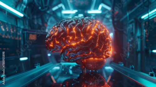 A close-up of a human brain being scanned by a futuristic MRI machine, revealing a network of glowing neural pathways.3D rendering © Eve Creative