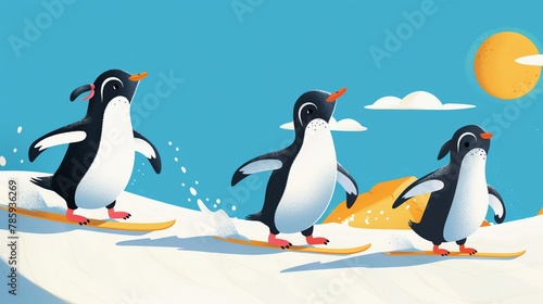 A cheerful scene of penguins skiing on sand dunes  swapping snow for sunshine  against a radiant blue background