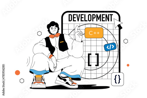 Development outline web modern concept in flat line design. Man creating application ui layout, working with code and testing product. Vector illustration for social media banner, marketing material.