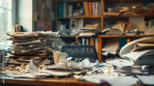 A desk overflowing with paperwork, a spilled coffee cup adding to the chaos, representing the feeling of being overloaded and unable to cope. photo