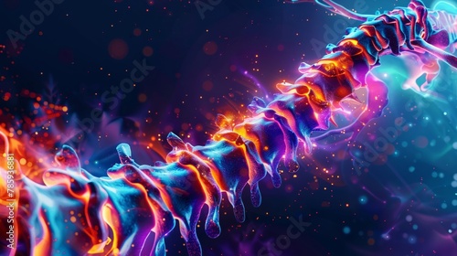 Anatomical illustration of a spine with herniated disc, highlighting nerve paths and areas of numbness in vibrant colors photo