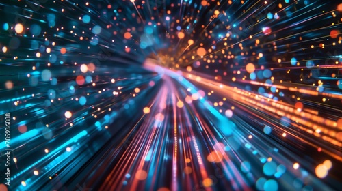 A data stream traveling through a fiber optic cable at light speed  visualized as a vibrant burst of color and light trails.