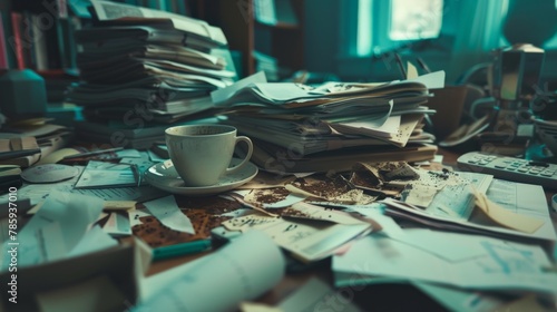 A desk overflowing with paperwork, a spilled coffee cup adding to the chaos, representing the feeling of being overloaded and unable to cope. photo
