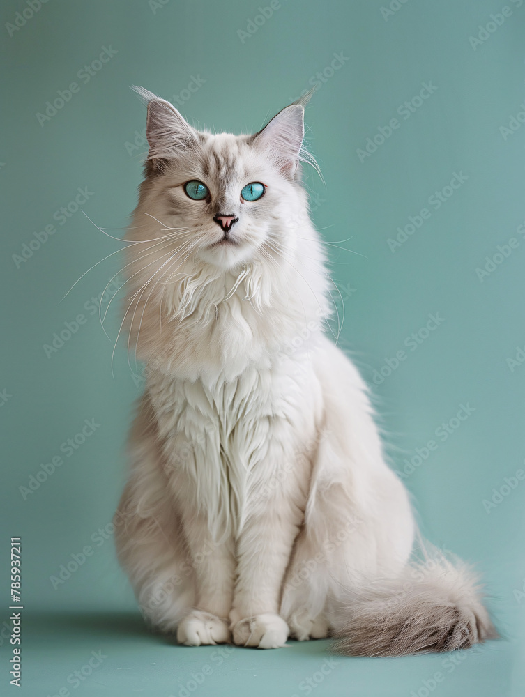 elegant poise of a longhaired cat with a mix of white and grey fur, sitting against a soothing green backdrop