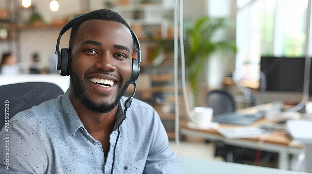 A customer service representative wearing a headset and providing assistance to a customer over the phone exemplifies professionalism clarity delivering, error, system, and customer service concepts. - obrazy, fototapety, plakaty 