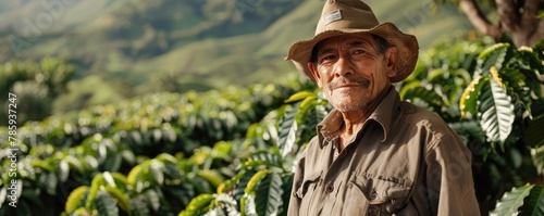 A worker collects ripe coffee cherries in lush greenery, depicting the agricultural process of coffee production