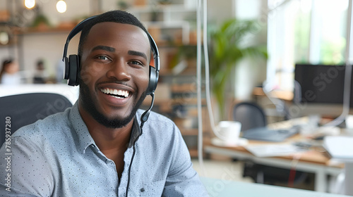 A customer service representative wearing a headset and providing assistance to a customer over the phone exemplifies professionalism clarity delivering, error, system, and customer service concepts. photo