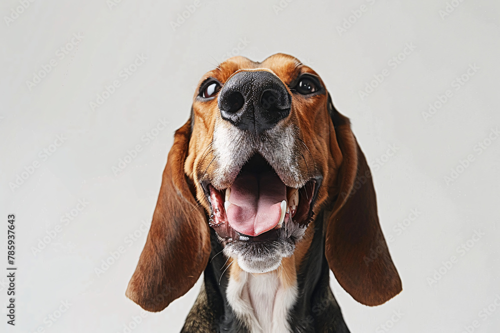 A close-up portrait of a beagle dog showing a joyful demeanor with its tongue playfully out