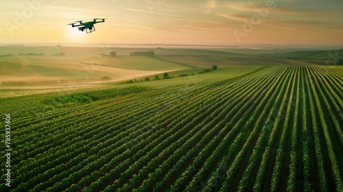A drone flying over a vast field with crops arranged in precise geometric patterns, showcasing the use of technology in modern agriculture. photo