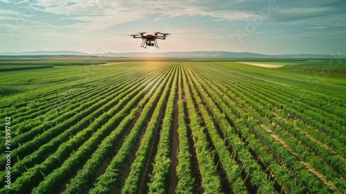 A drone flying over a vast field with crops arranged in precise geometric patterns, showcasing the use of technology in modern agriculture.