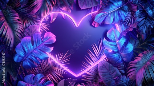 A bold heart frame design with an abstract neon background and tropical leaves