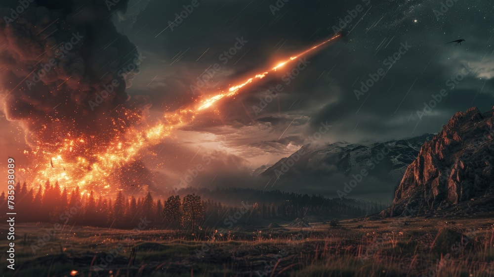 A dramatic scene of a meteor shower impacting the Earth, leading to the extinction of dinosaurs.