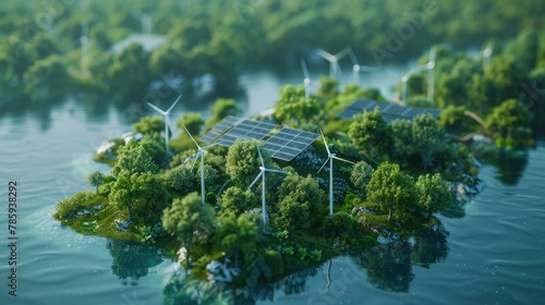 A creative 3D rendering of Earth with solar panels  wind turbines  and verdant trees