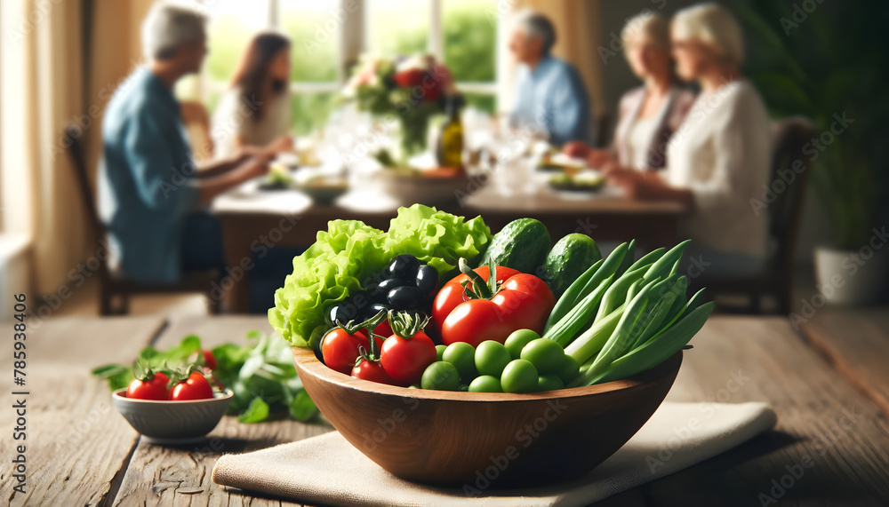 Fresh Vegetables on Table with Family Dining in Background

