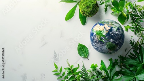 A depiction of eco-consciousness with planet Earth and symbols of nature