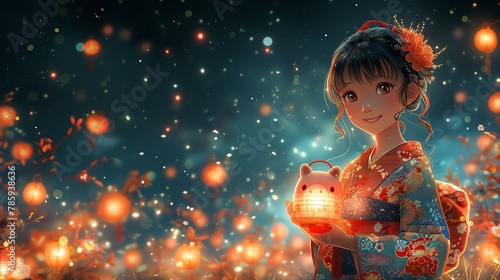 An animated Japanesestyle girl with a piggy bank shaped like a bullet train, on a sky blue background photo
