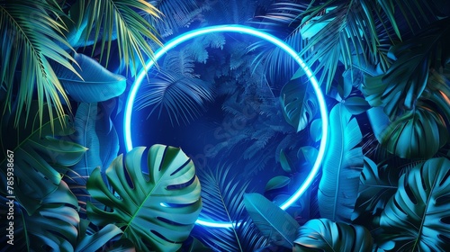 tropical leaves and a circular frame, featuring a color scheme of electric blue and lime green