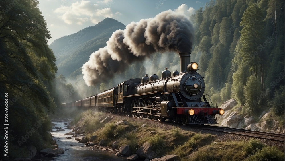 Illustration of steam train on the cliff mountains - obrazy, fototapety, plakaty 